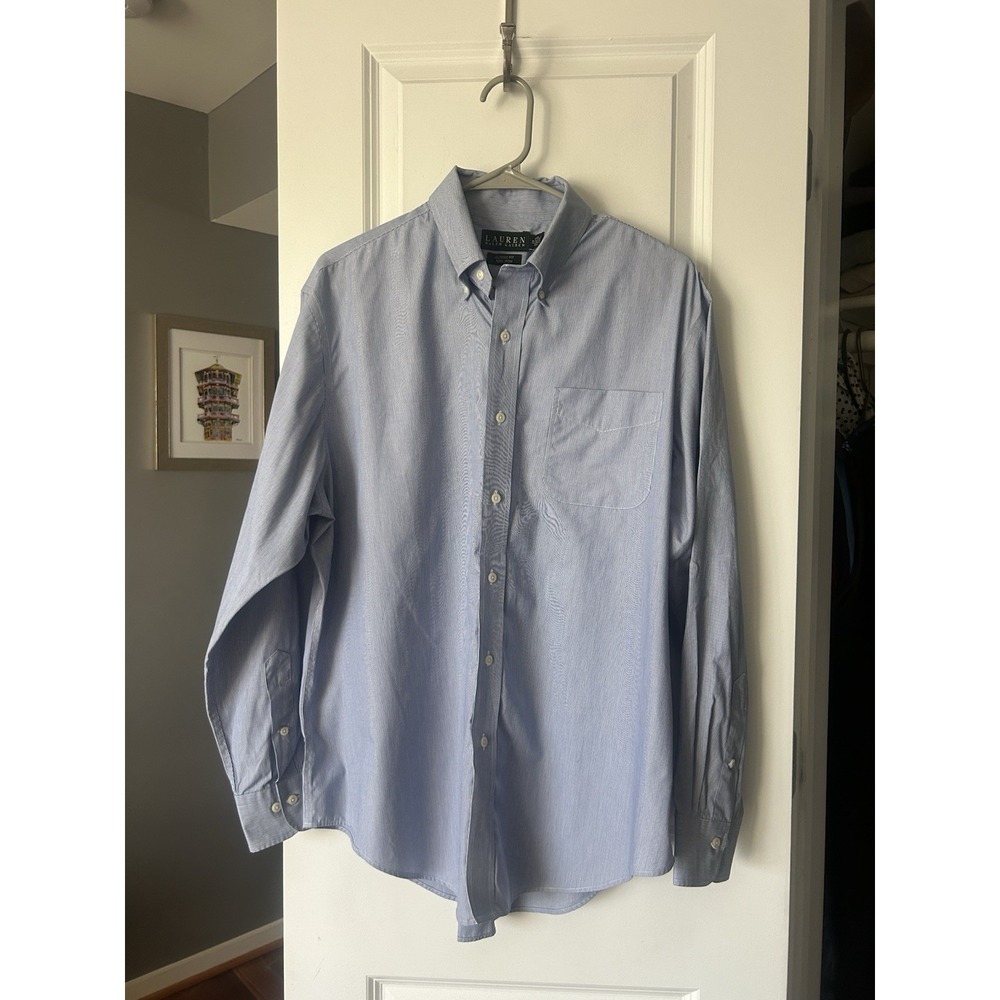 Lauren Ralph Lauren Shirt Mens 17 34/35 Blue Striped Classic Fit Non Iron Cotton
